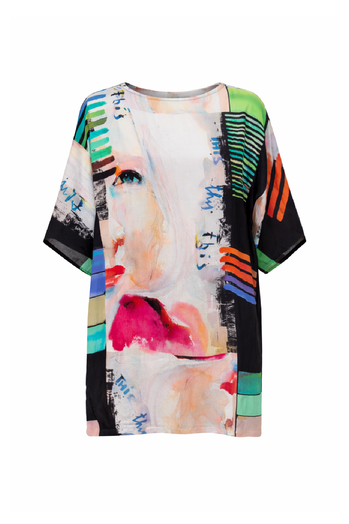 Φόρεμα με print art oversized και φαρδύ τελείωμα