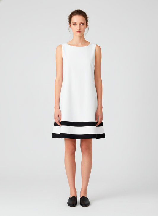 Sleeveless White Dress with Black Contrast Hem