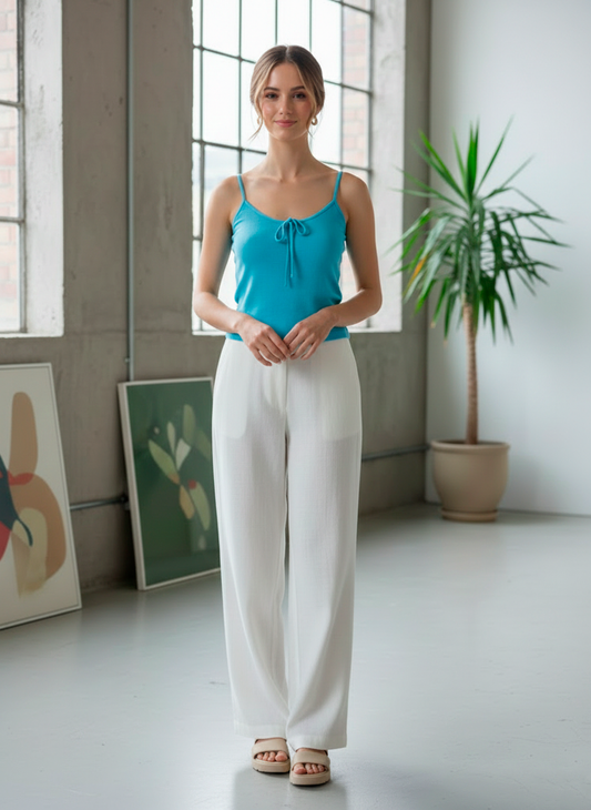 Ribbed Knit Camisole Top with Front Tie Detail in Sky Blue