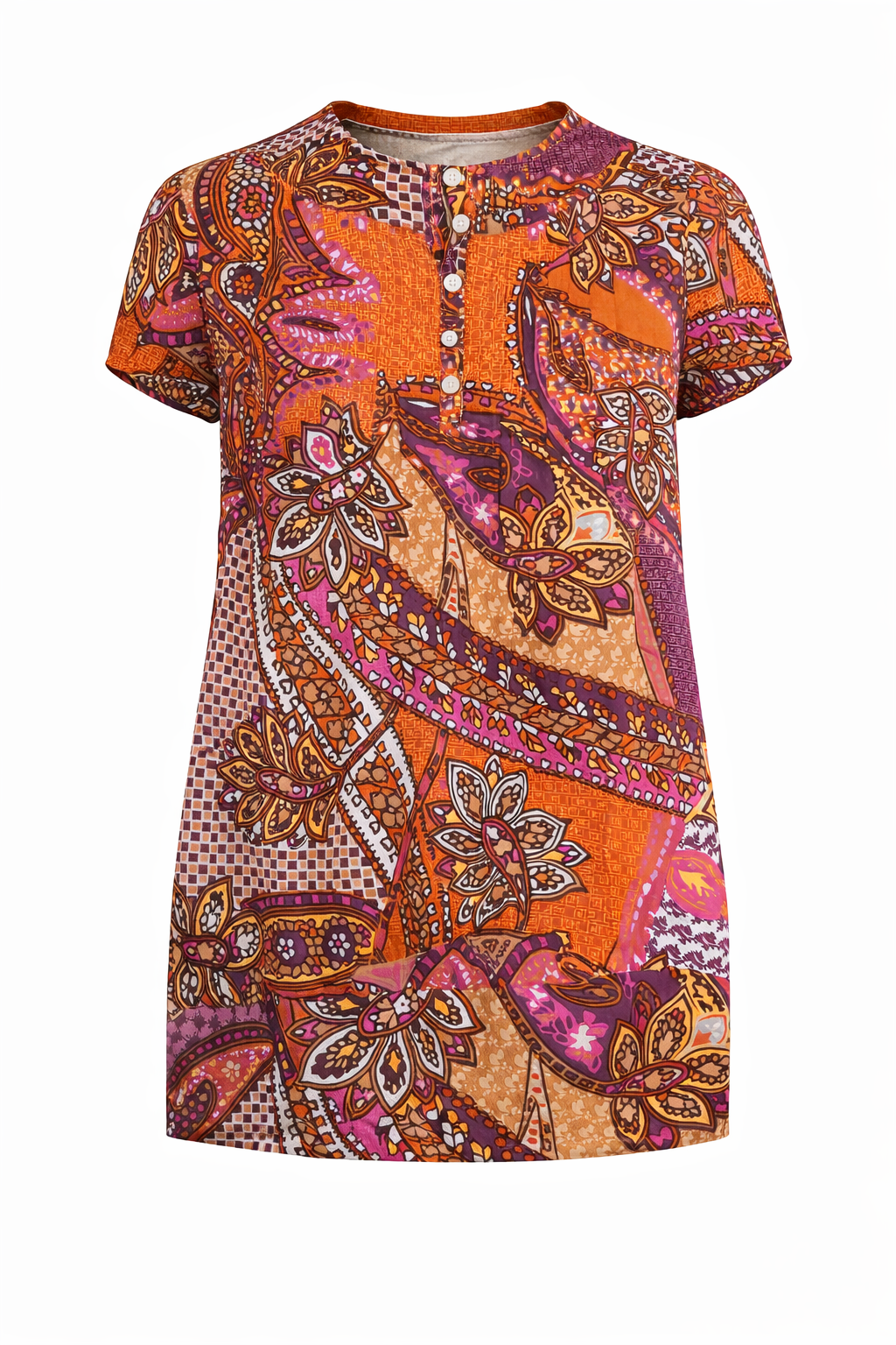 Short-Sleeve Button-Neck Printed Top – Effortless Style and Everyday Comfort