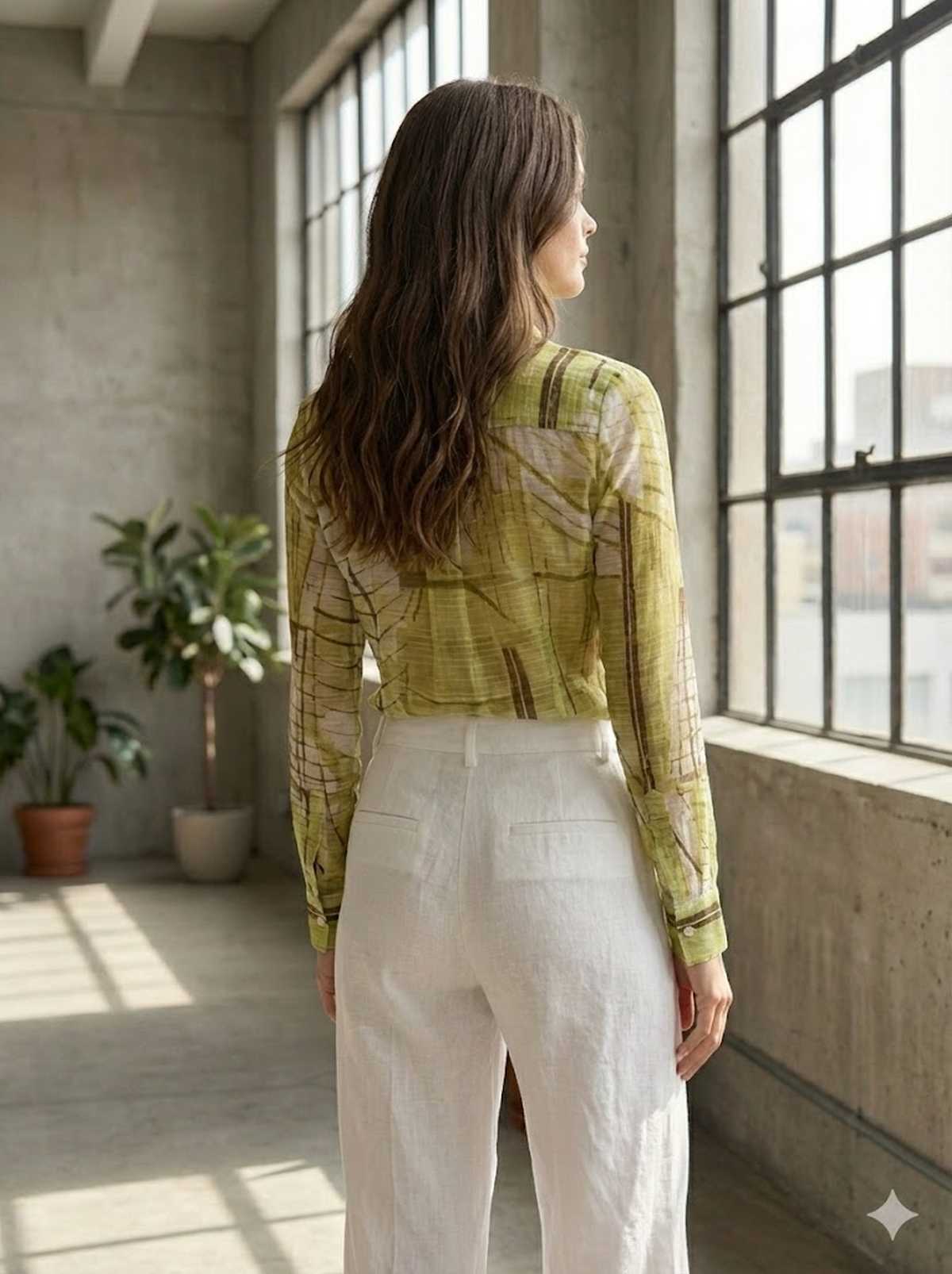 Lightweight Button-Down Blouse with Abstract Leaf Print in Olive Green