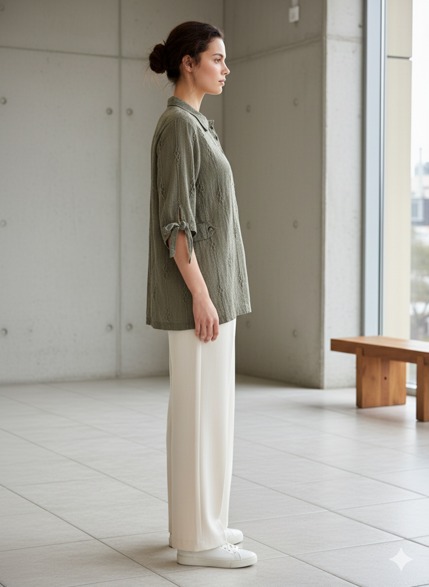 Olive Textured Tunic Shirt with Tie Sleeves