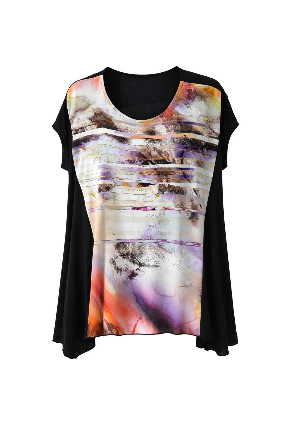 Draped Batwing-Sleeve Top with Artistic Print – Fluid Elegance and Contemporary Style