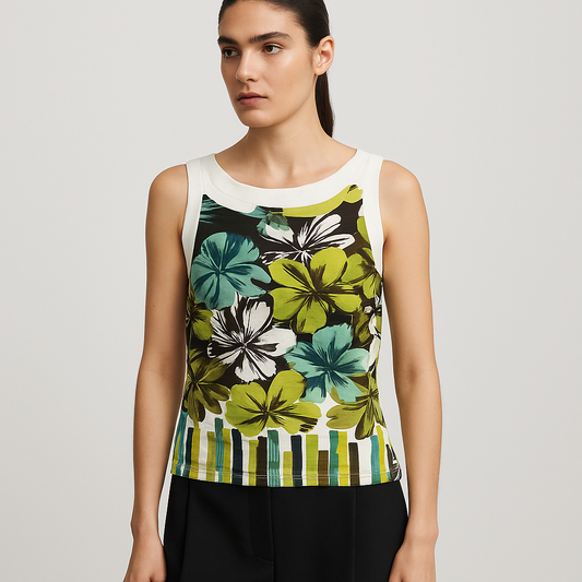 Sleeveless Floral Print Top in Green and Teal