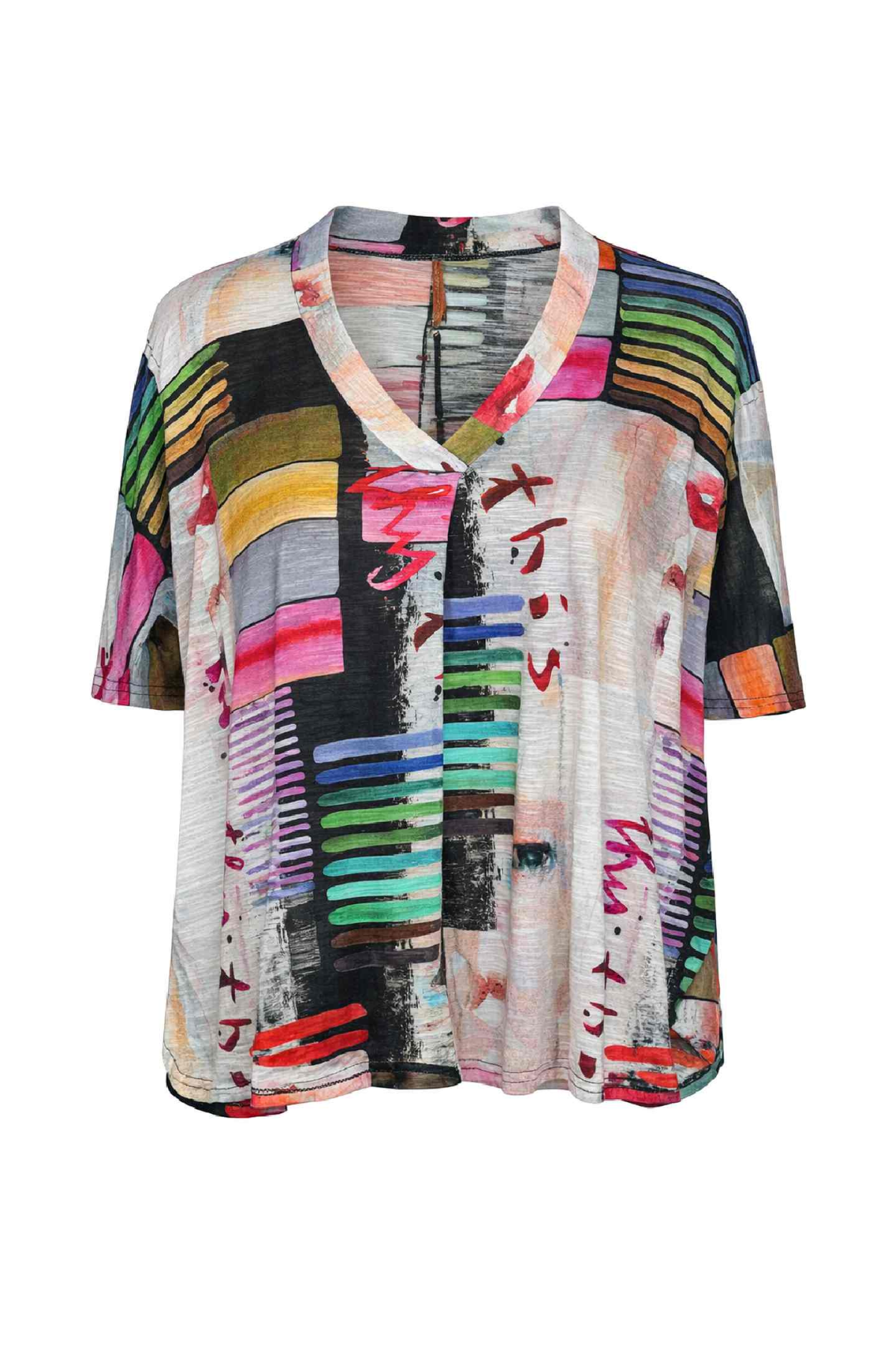 Printed V-Neck Top with Fluid Silhouette – Contemporary Artistic Style