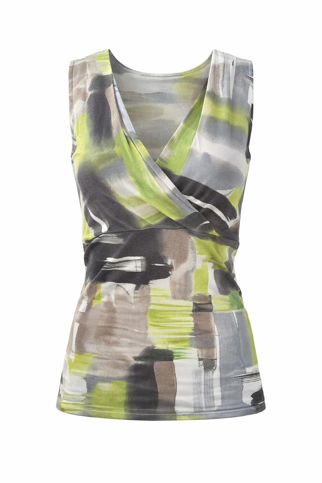 Printed Wrap-Front Stretch Top with V-Neckline