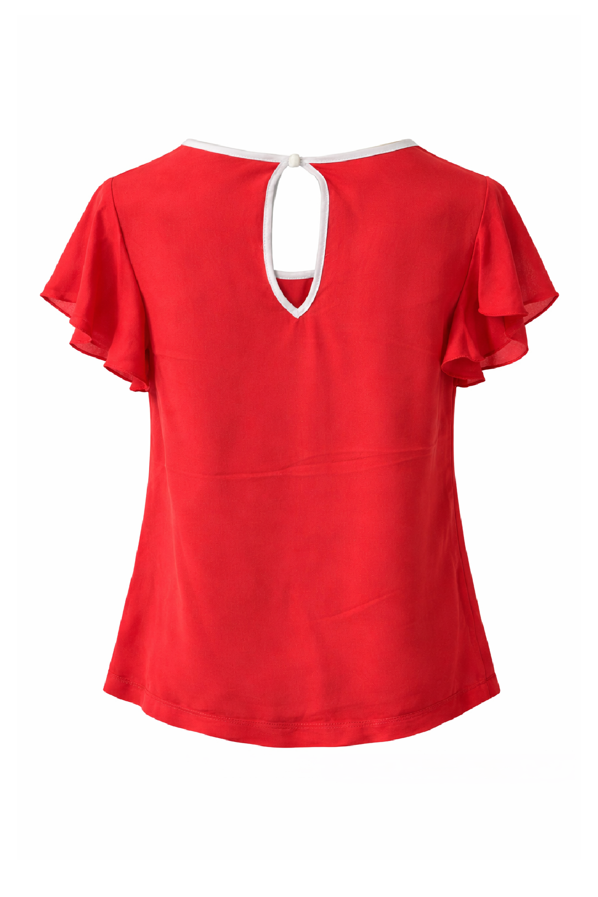 Flowing Short-Sleeve Top with Contrast Trim and Keyhole Back