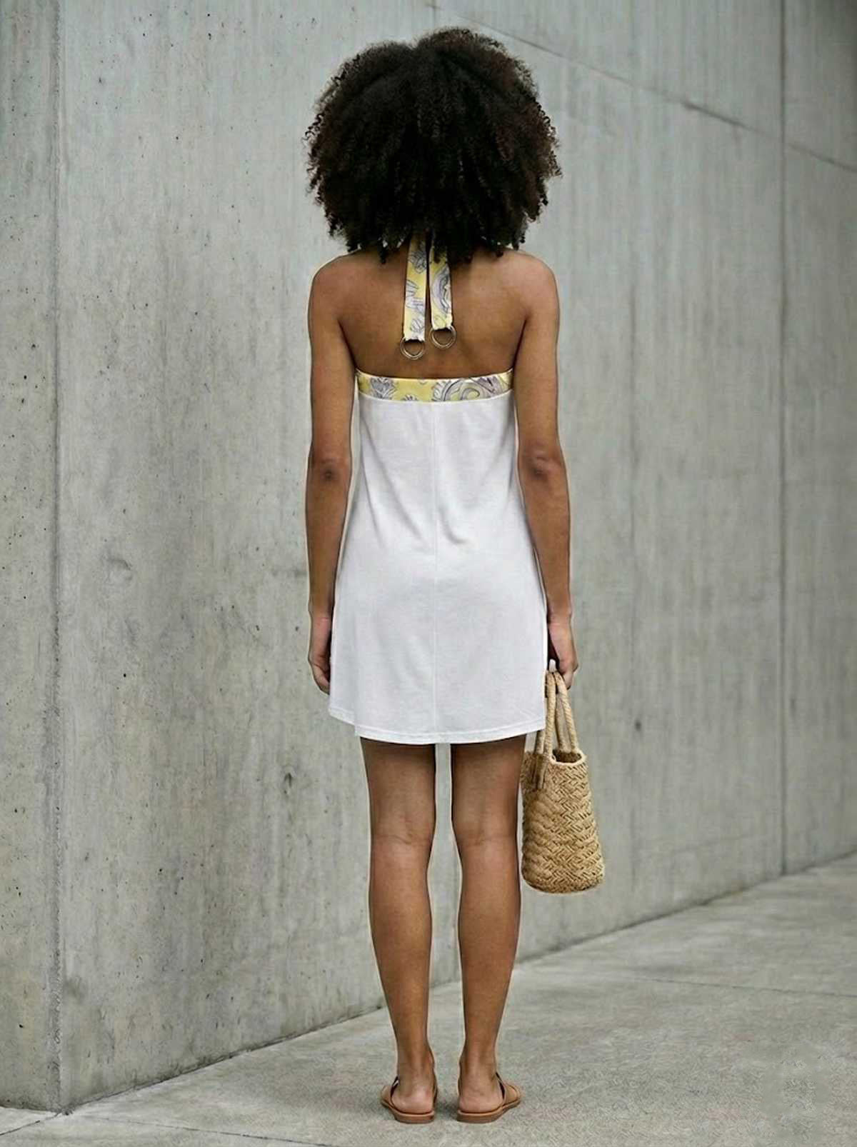 Halter Neck Summer Dress with Soft Drape and Printed Trim