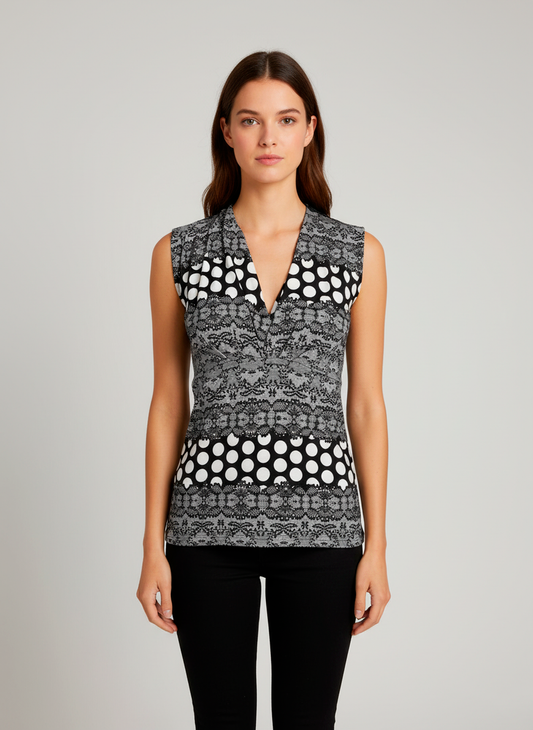 Sleeveless V-Neck Top with Mixed Print