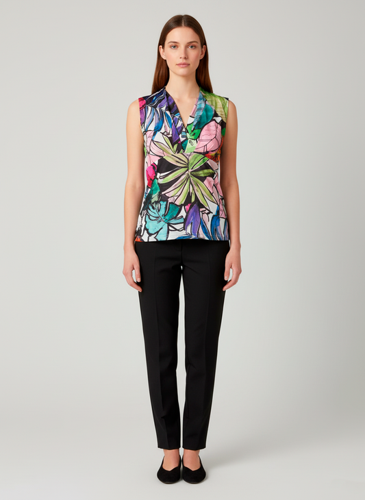Sleeveless V-Neck Top with Vibrant Tropical Floral Print