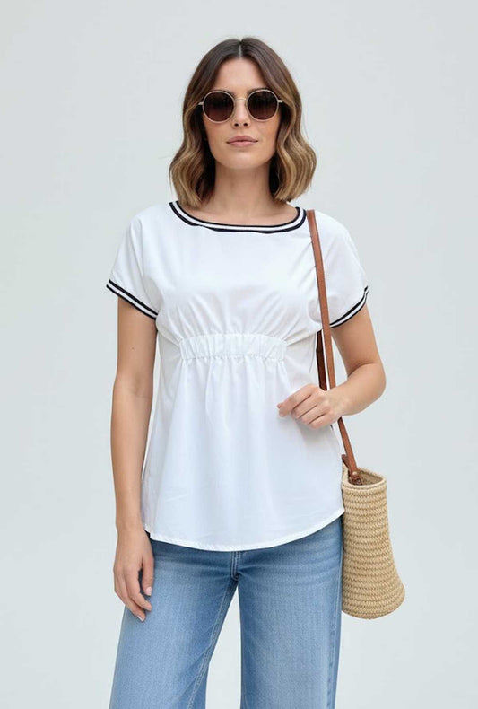 White Cinched-Waist Short Sleeve Top with Contrast Trim