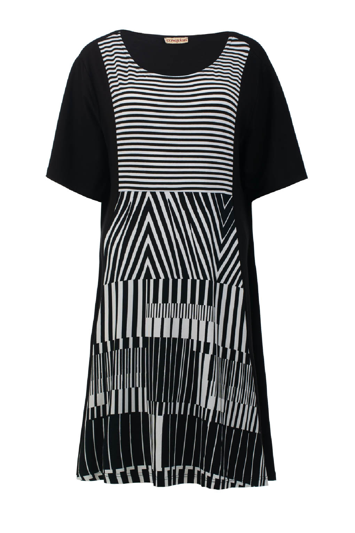 Conquista Τουνίκ Plus Size Longline Casual Κοντομάνικο Στρογγυλή Λαιμόκοψη Ριγέ Μαύρο P540-021-00
