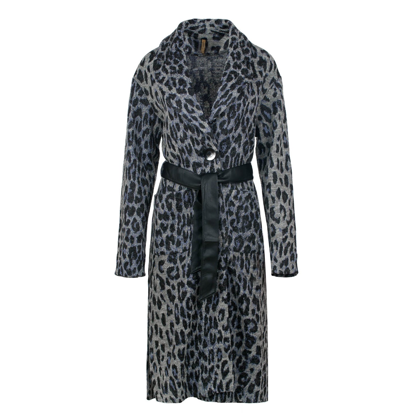 Μακρύ παλτό από μείγμα μαλλιού με animal print και ζώνη από τεχνητό δέρμα