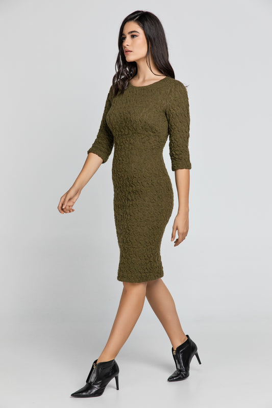 Χακί φόρεμα ζακάρ από την Conquista Fashion