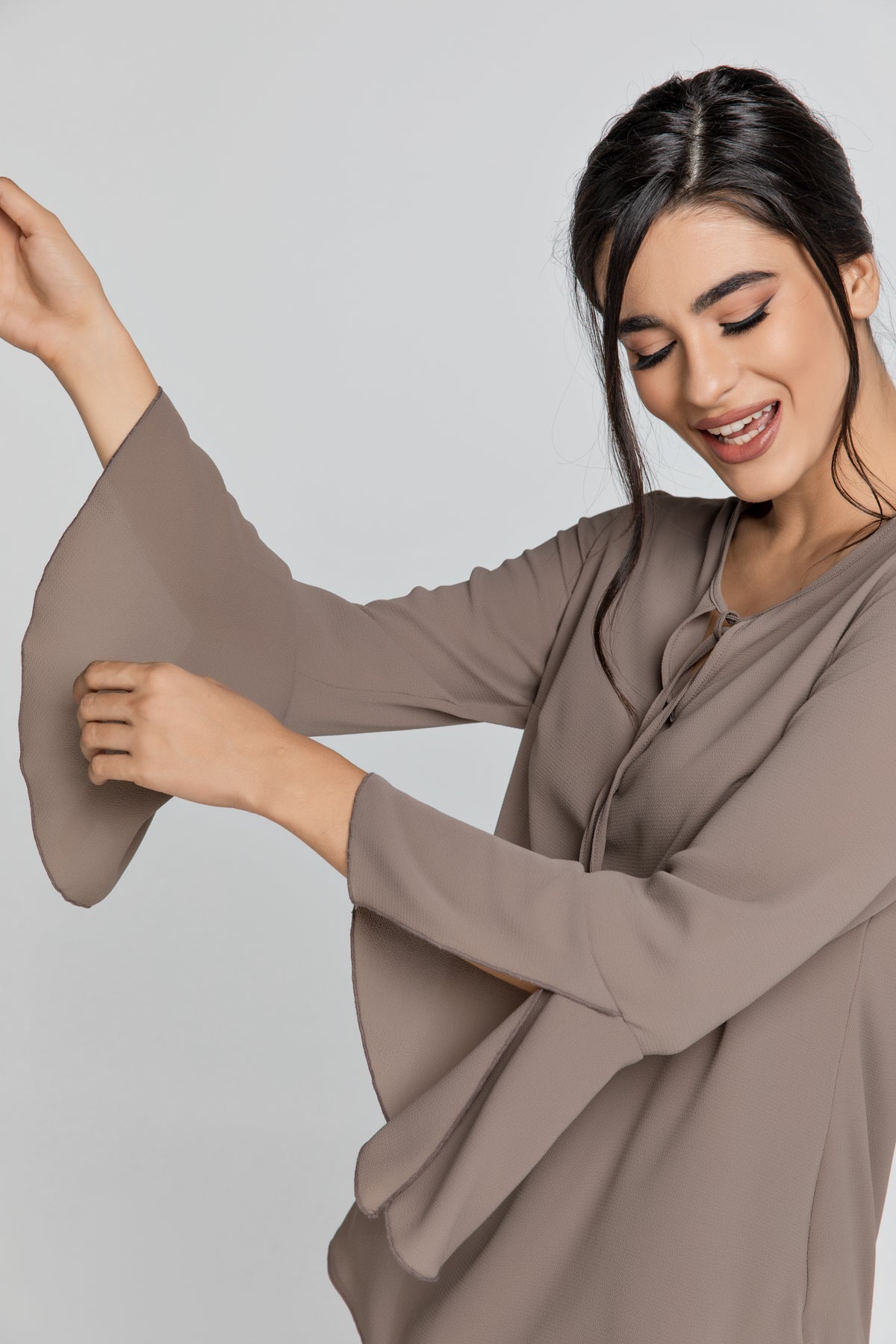 Iron Brown Flounce Sleeve Top by Conquista