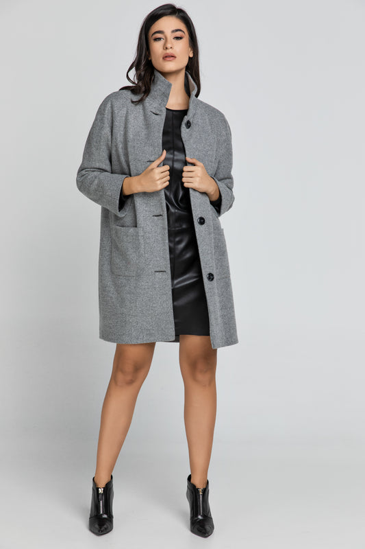 Γκρι παλτό με όρθιο γιακά από την Conquista Fashion