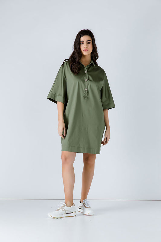 Conquista Φόρεμα Mini Casual Κοντομάνικο Με Γιακά & Κουμπιά Μονόχρωμο Χακί C191-042-37