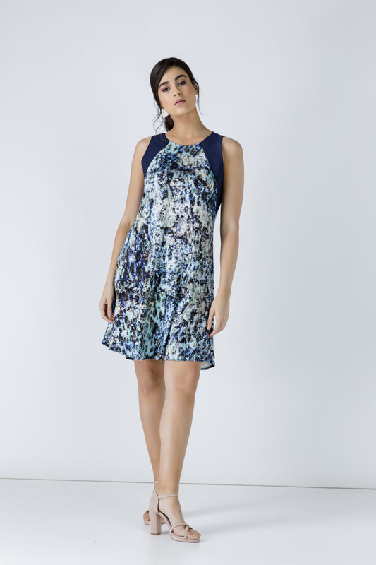 Conquista Φόρεμα Mini Casual Αμάνικο Στρογγυλή Λαιμόκοψη Εμπριμέ Μπλέ C191-103-41