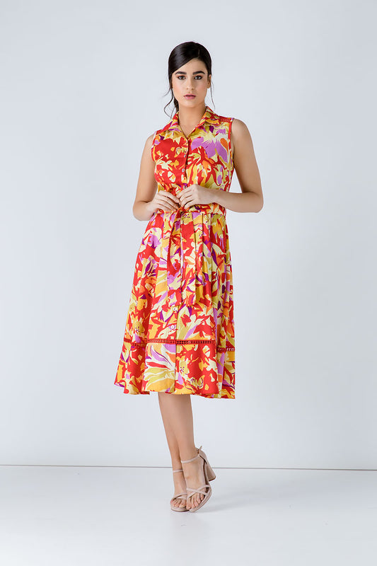 Conquista Φόρεμα Midi Casual Αμάνικο Με Ζώνη Floral Πολύχρωμο C191-123-30