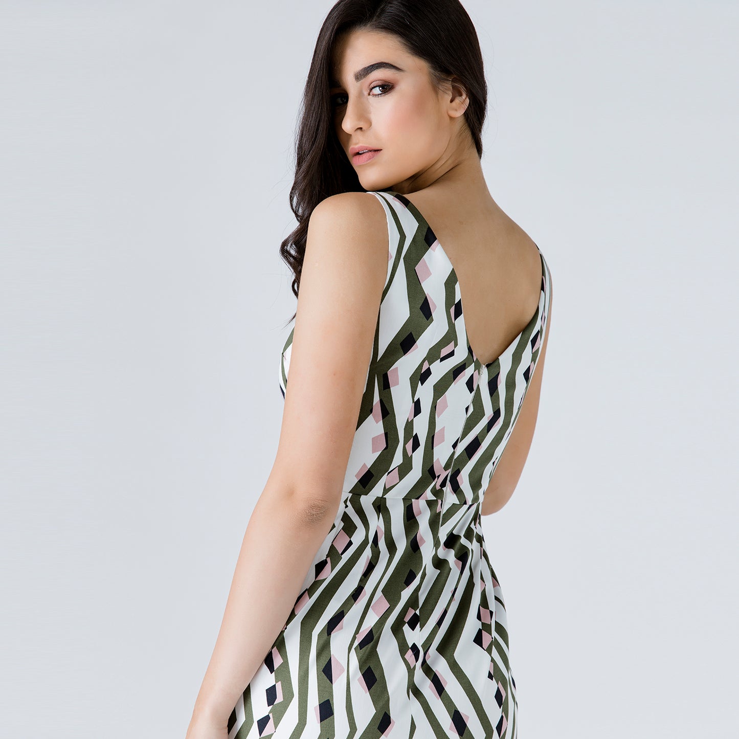 Conquista Φόρεμα Mini Casual Αμάνικο Στρογγυλή Λαιμόκοψη Γεωμετρικό Εμπριμέ Πράσινο C191-210-22