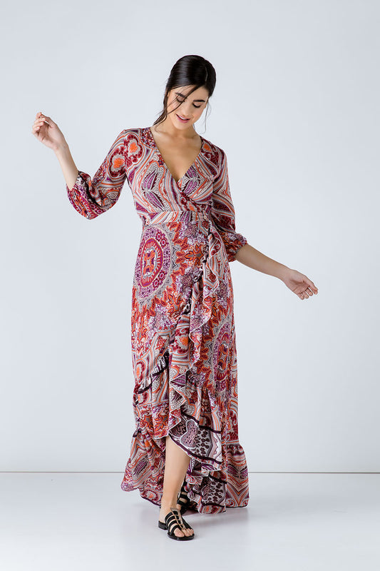 Conquista Φόρεμα Maxi για Έξοδο Μακρυμάνικο Κρουαζέ Με Βολάν Εμπριμέ Πολύχρωμο C191-290-99