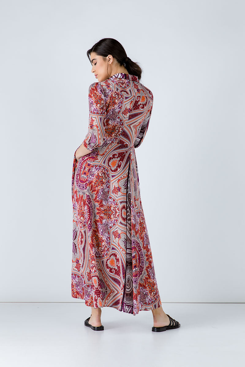 Conquista Φόρεμα Maxi Casual Μακρυμάνικο Με Γιακά & Κουμπιά Εμπριμέ Πολύχρωμο C191-291-99