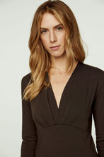 Load image into Gallery viewer, Brown Long Sleeve Faux Wrap Top in Stretch Jersey Sustainable Fabric