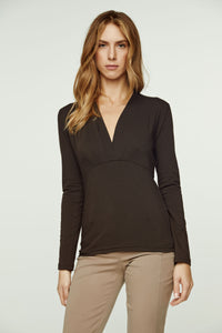 Brown Long Sleeve Faux Wrap Top in Stretch Jersey Sustainable Fabric