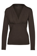 Load image into Gallery viewer, Brown Long Sleeve Faux Wrap Top in Stretch Jersey Sustainable Fabric