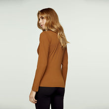 Load image into Gallery viewer, Long Sleeve Chocolate Faux Wrap Top in Stretch Jersey Sustainable Fabric
