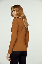 Load image into Gallery viewer, Long Sleeve Chocolate Faux Wrap Top in Stretch Jersey Sustainable Fabric
