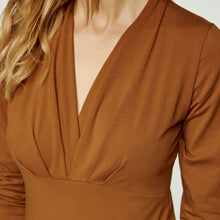 Load image into Gallery viewer, Long Sleeve Chocolate Faux Wrap Top in Stretch Jersey Sustainable Fabric