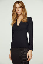 Load image into Gallery viewer, Black Long Sleeve Faux Wrap Top in Stretch Jersey Sustainable Fabric
