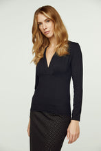 Load image into Gallery viewer, Black Long Sleeve Faux Wrap Top in Stretch Jersey Sustainable Fabric