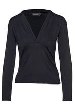Load image into Gallery viewer, Black Long Sleeve Faux Wrap Top in Stretch Jersey Sustainable Fabric