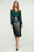 Load image into Gallery viewer, Green Long Sleeve Faux Wrap Top in Stretch Jersey Sustainable Fabric