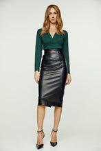 Load image into Gallery viewer, Green Long Sleeve Faux Wrap Top in Stretch Jersey Sustainable Fabric