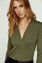Load image into Gallery viewer, Khaki Long Sleeve Faux Wrap Top in Stretch Jersey Sustainable Fabric