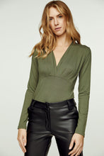 Load image into Gallery viewer, Khaki Long Sleeve Faux Wrap Top in Stretch Jersey Sustainable Fabric