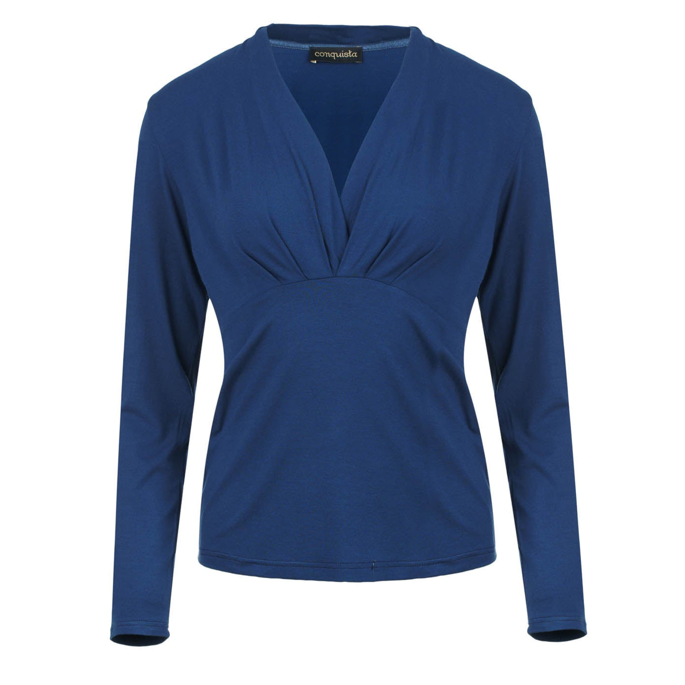 Blue Long Sleeve Faux Wrap Top in Stretch Jersey Sustainable Fabric