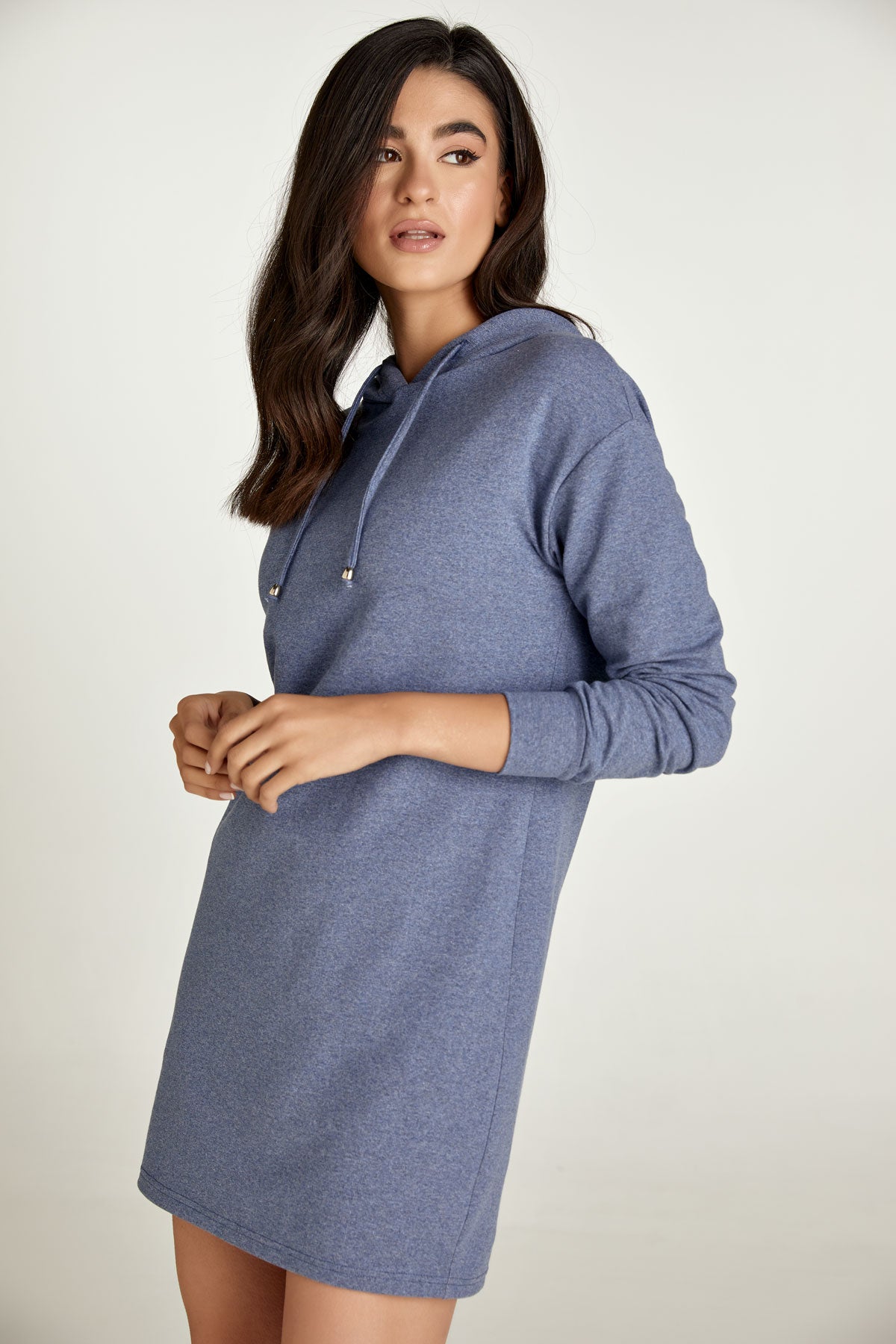 Conquista Φόρεμα Mini Casual Μακρυμάνικο Με Κουκούλα Μονόχρωμο Μπλε C211-104-18