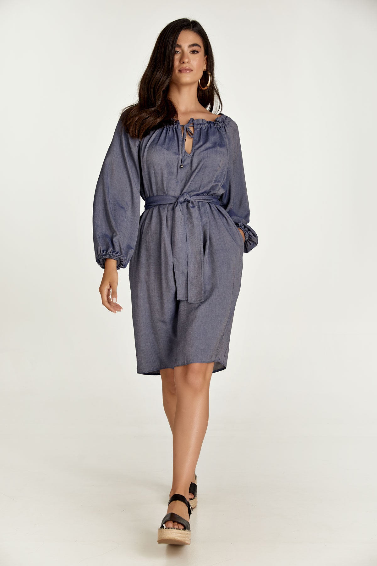 Belted Blue Denim Style Dress