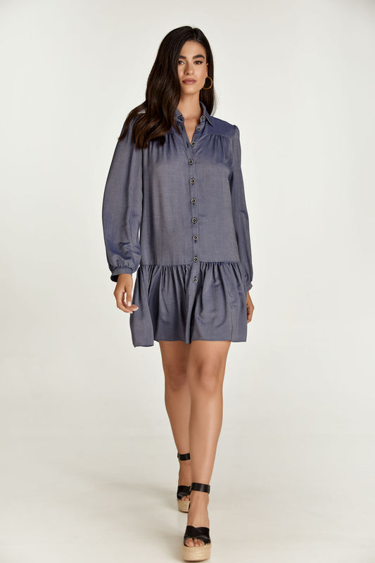 Blue Denim Style Dress with Buttons