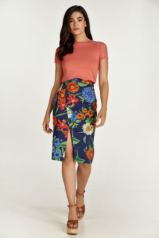 Floral Cotton Pencil Skirt in Red, Blue & Green Shades