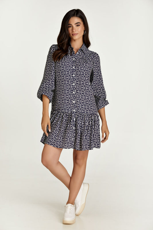 Navy and White Print Dress with Buttons