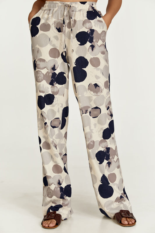 Grey Print Linen Style Wide Leg Pants