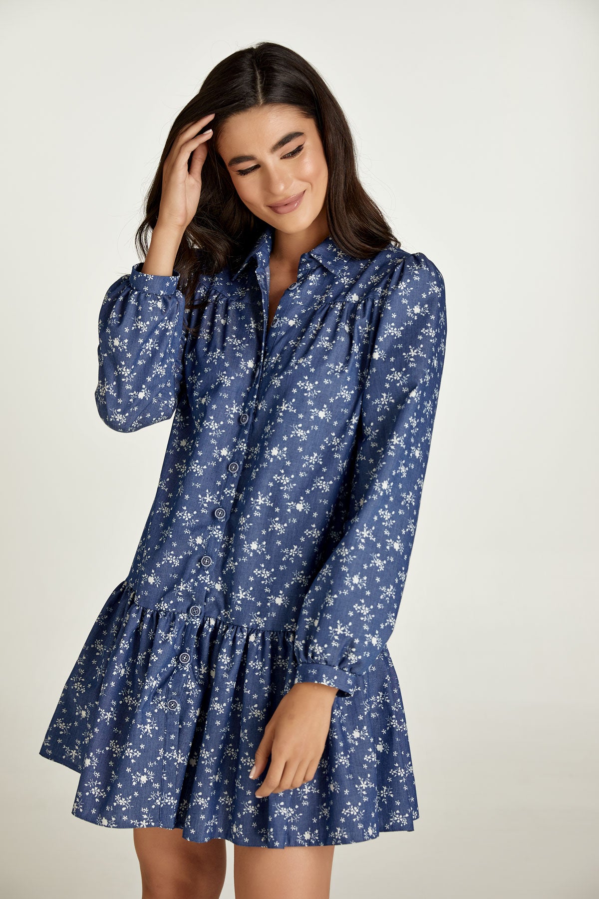 Conquista Φόρεμα Mini Casual Μακρυμάνικο με Κουμπιά και Γιακά Εμπριμέ Μπλε C211-281-18