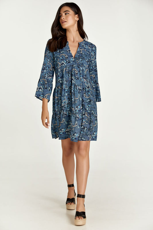 Indigo Paisley Print A Line Dress