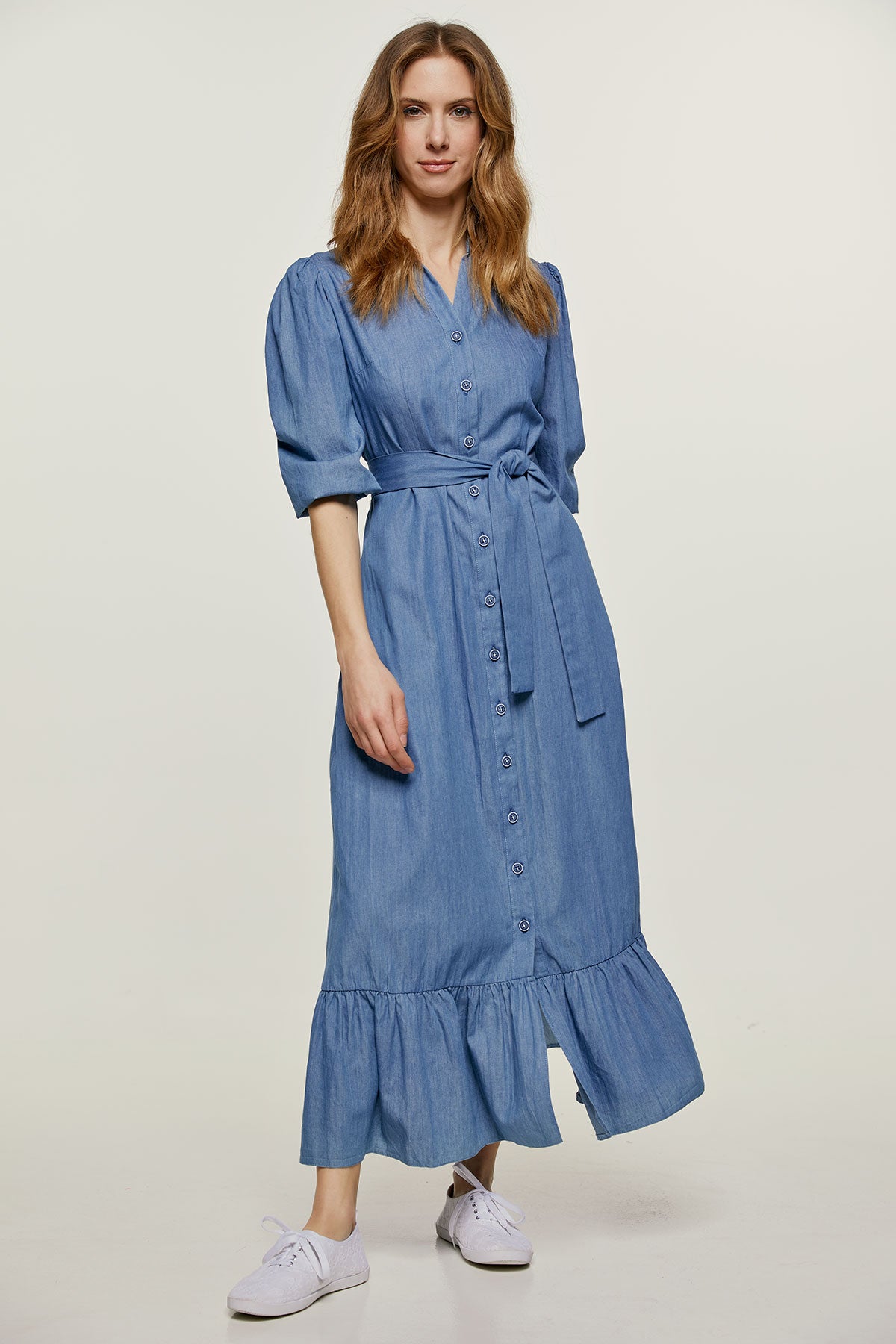 Conquista Φόρεμα Maxi Casual Με Κουμπιά Με Ζώνη 3/4 Μανίκι Μονόχρωμο Μπλε C211-550-18