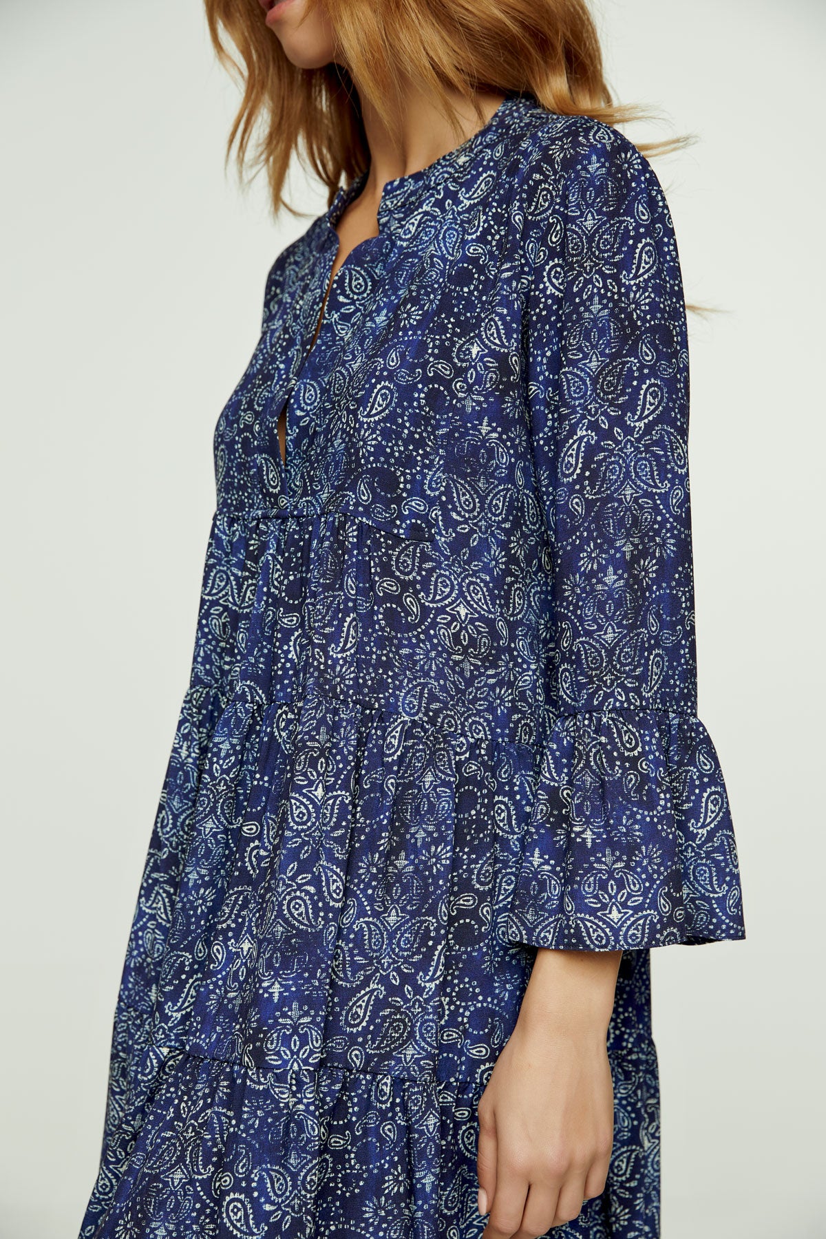 Blue Paisley A Line Dress with Bell Sleeves